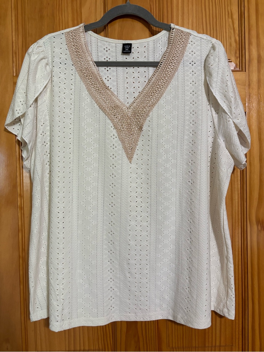 SHEIN Cream Eyelet V-Neck Top with Taupe Crochet Trim